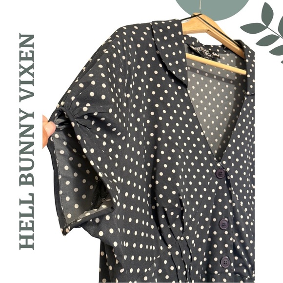 Hell Bunny Vixen Polka Dot Midi Dress Shirt Sleeve Dark Grey Black Size 18 (4x) - Picture 5 of 10